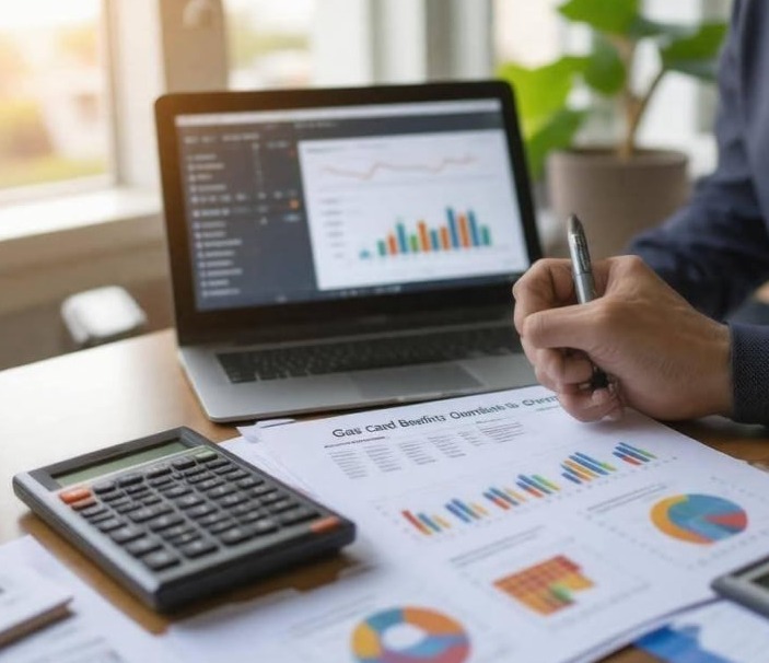 Fleet manager analyzing business gas card reports for budgeting